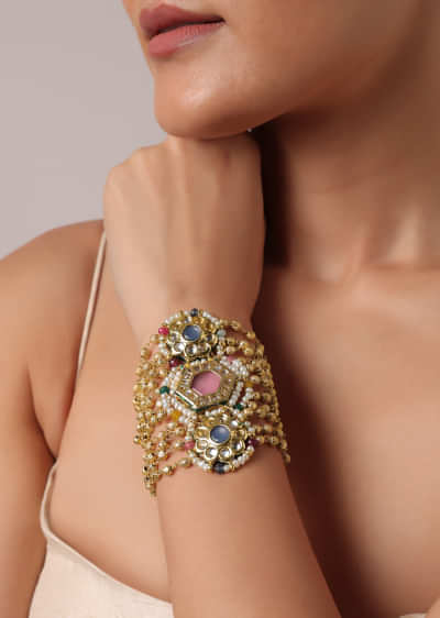 Pink Stone Studded Layered Bracelet With Kundan