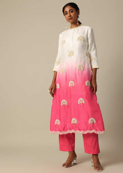 Pink Tie Dye Kurta Set In Cotton Silk