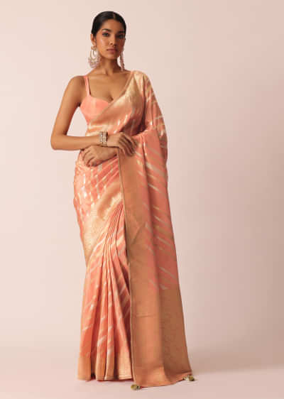 Pink Tissue Silk Saree with Gold Stripes And Unstitched Blouse Piece