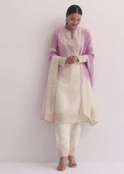 Pink Two Tone Kurti Pant Set With Foil Mirror Work