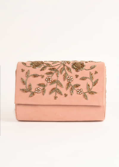 Pinkish Peach Clutch In Suede With Zardosi Embroidered Floral Motifs Online - Kalki Fashion