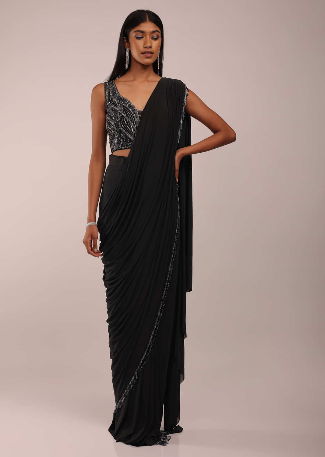 Pirate Black Ready Pleated Saree In Cut Dana Embroidery, With Beads Fringes On The Pallu Border