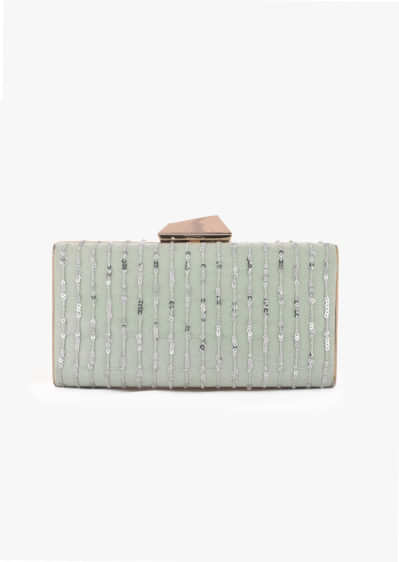 Pista Green Box Clutch With Embroidered Net Adorned In Resham And Sequins In Striped Design Online - Kalki Fashion
