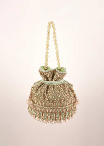 Pista Green Potli In Velvet Heavily Embroidered With Beads And Moti Work In Scalloped And Tassel