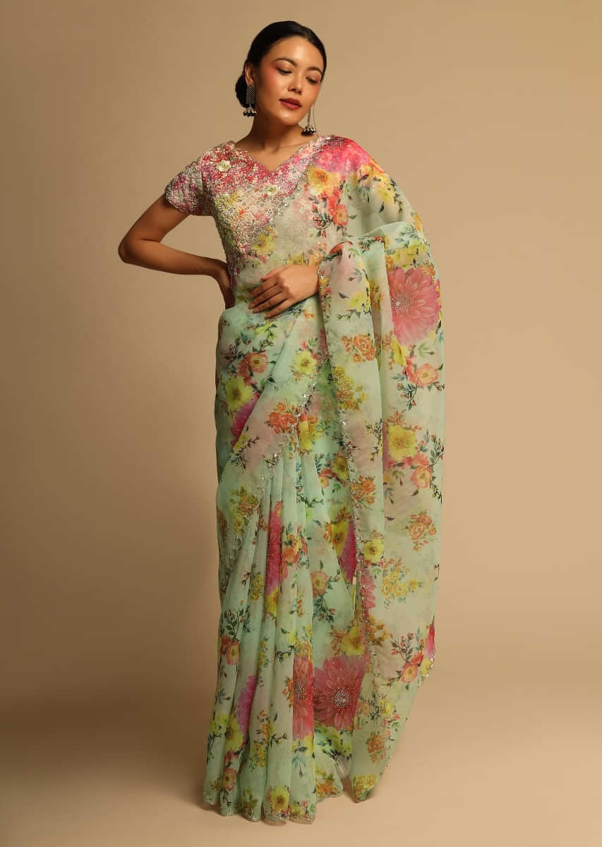 Pista Green Saree In Organza With Floral Print And Cut Dana Embroidery Along With Ready Stitched Blouse