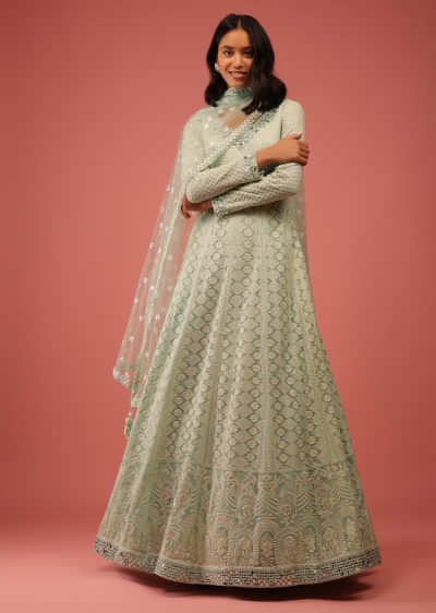 Pista Green Anarkali Suit In Georgette With Lucknowi Thread Embroidered Kalis And Mughal Border