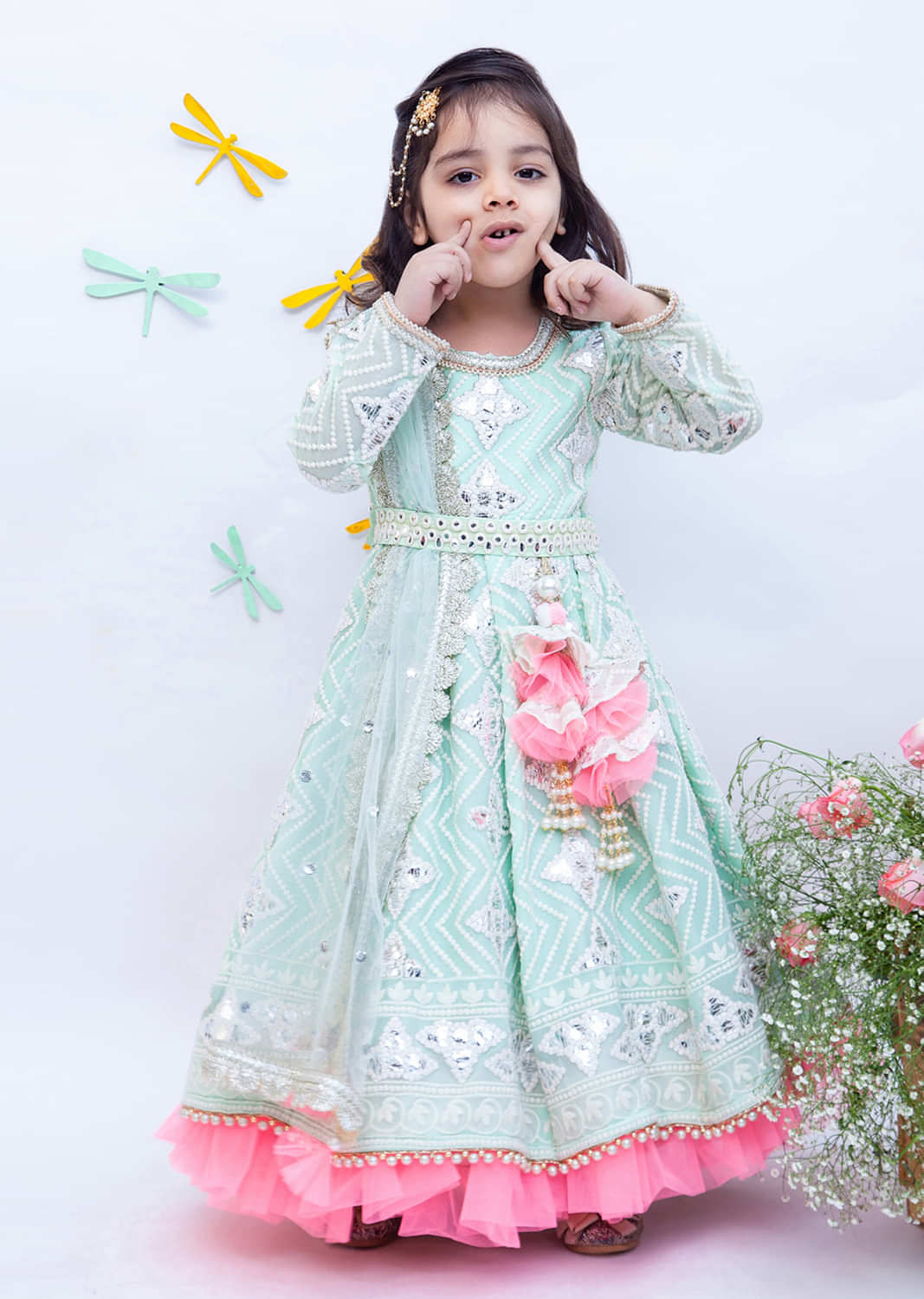 Kalki Girls Pista Green Anarkali With Pink Frill And Gotta Embroidery By Fayon Kids