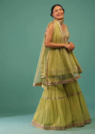 Pista Green Crepe Georgette Peplum Kurta With Mirror, Thread And Embroidery On The Bodice