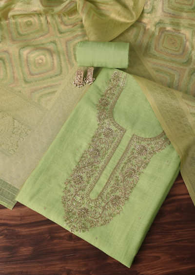 Pista Green Zari Embroidered Chanderi Top With Woven Banarasi Dupatta Unstitched Dress Material