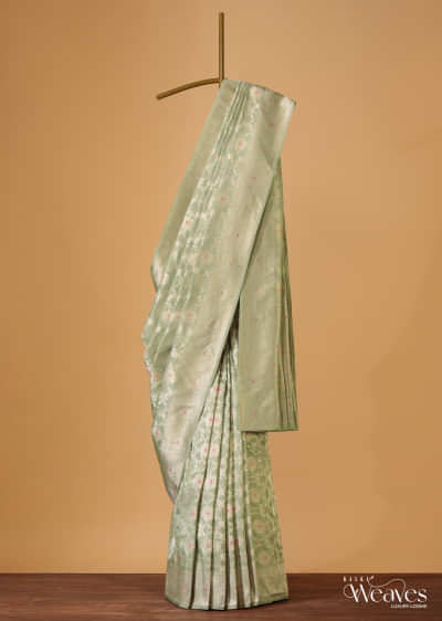Pista Green Handloom Banarasi Saree In Katan Silk With Meenakari Weave And Unstitched Blouse