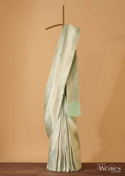Pista Green Handloom Banarasi Saree In Uppada Silk With Brocade Weave And Unstitched Blouse