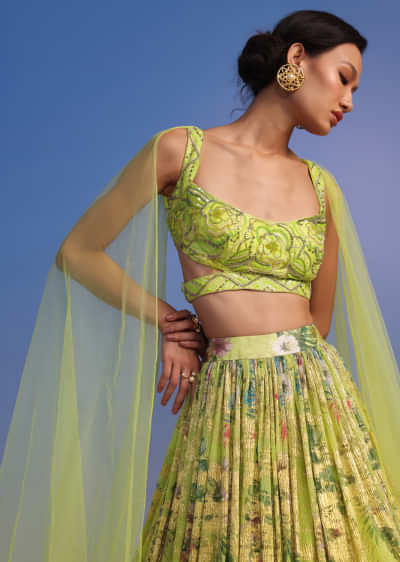 Olive Green Printed Lehenga Set - Kalki Fashion- Fabilicious Fashion