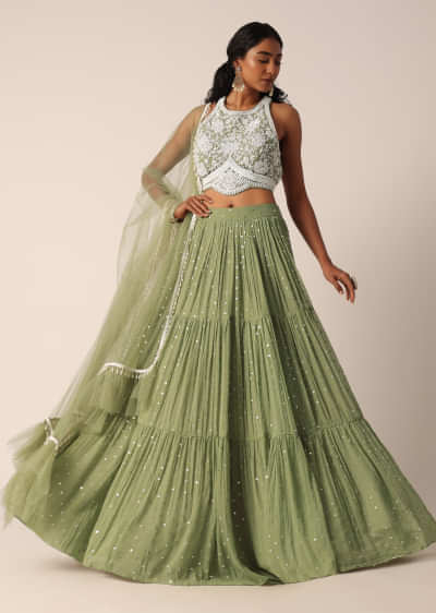 Pista Green Lehenga Set With Embroidered Blouse