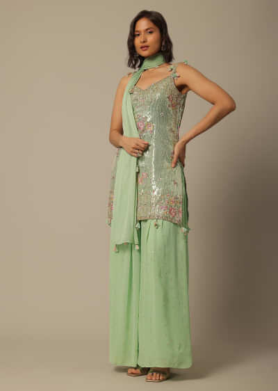 Pista Green Palazzo Set With Sequin Embellishments