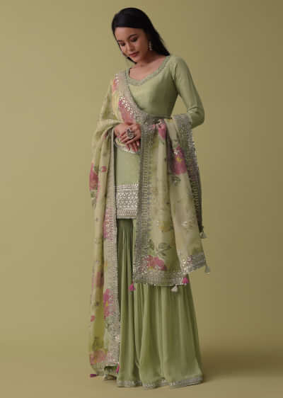 Pista Green Silk Sharara Suit Set Adorned In Gota And Abla Work