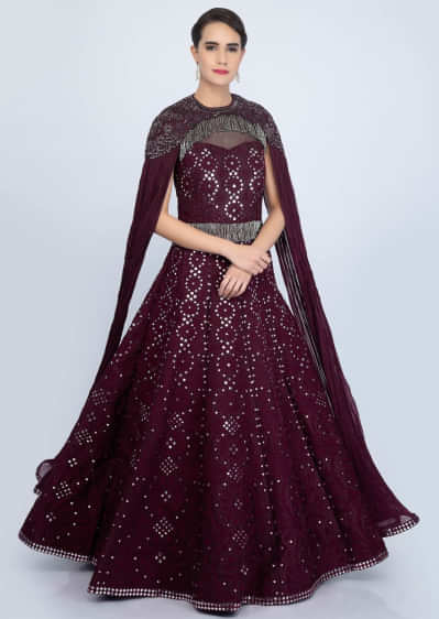 Plum Gown With Cord Embroidery Teamed With Shoulder Cape And Flared Sleeves Online - Kalki Fashion