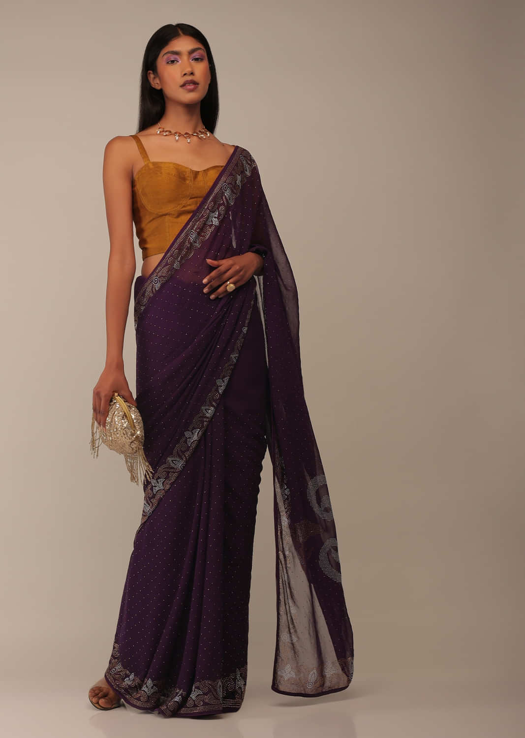 Shadow Purple Saree In Georgette Embellished With Multicolored Stones