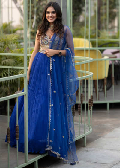 Pooja Mundhra In Kalki Royal Blue Gathered Skirt And Crop Top With Embossed Hand Embroidery In Floral Motifs