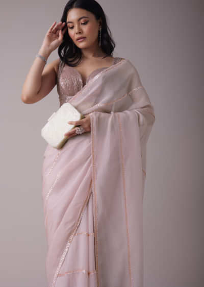 Powder Pink Saree In Multi Color Sequins Embroidery In Horizontal Lines