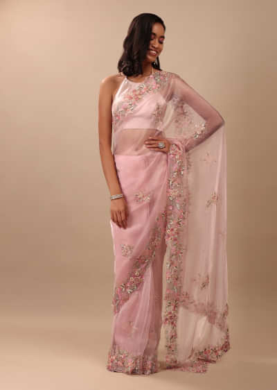 Potpourri Pink Saree In Glass Tissue With 3D Floral Embroidery In Moti, Sequin & Cut Dana