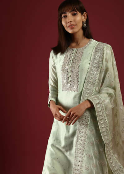 Powder Green Straight Cut Suit With Mirror Work On The Yoke And An Organza Dupatta With Sequins Embroidered Floral Buttis  