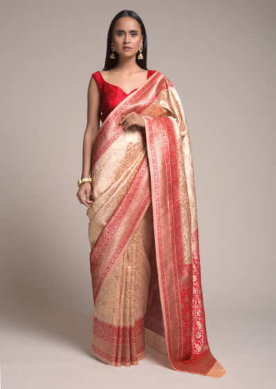 Powder Peach Saree In Silk With Woven Floral Jaal And Red Patola Pallu