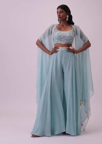 Powder Blue Georgette Palazzo And Silk Crop Top Set With Embroidery