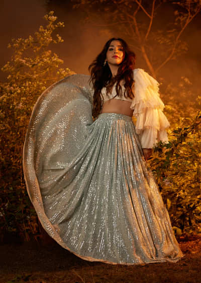Powder Blue Sequin Skirt And White Crop Top With Fancy Layered Bell Sleeves And Plunging Neckline