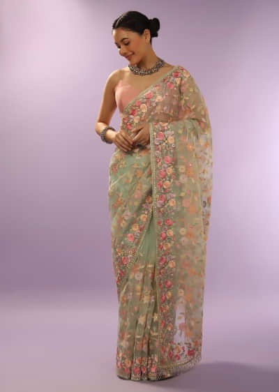 Powder Green Saree In Organza With Multi Colored Resham Embroidered Floral Jaal And Cut Dana Work  