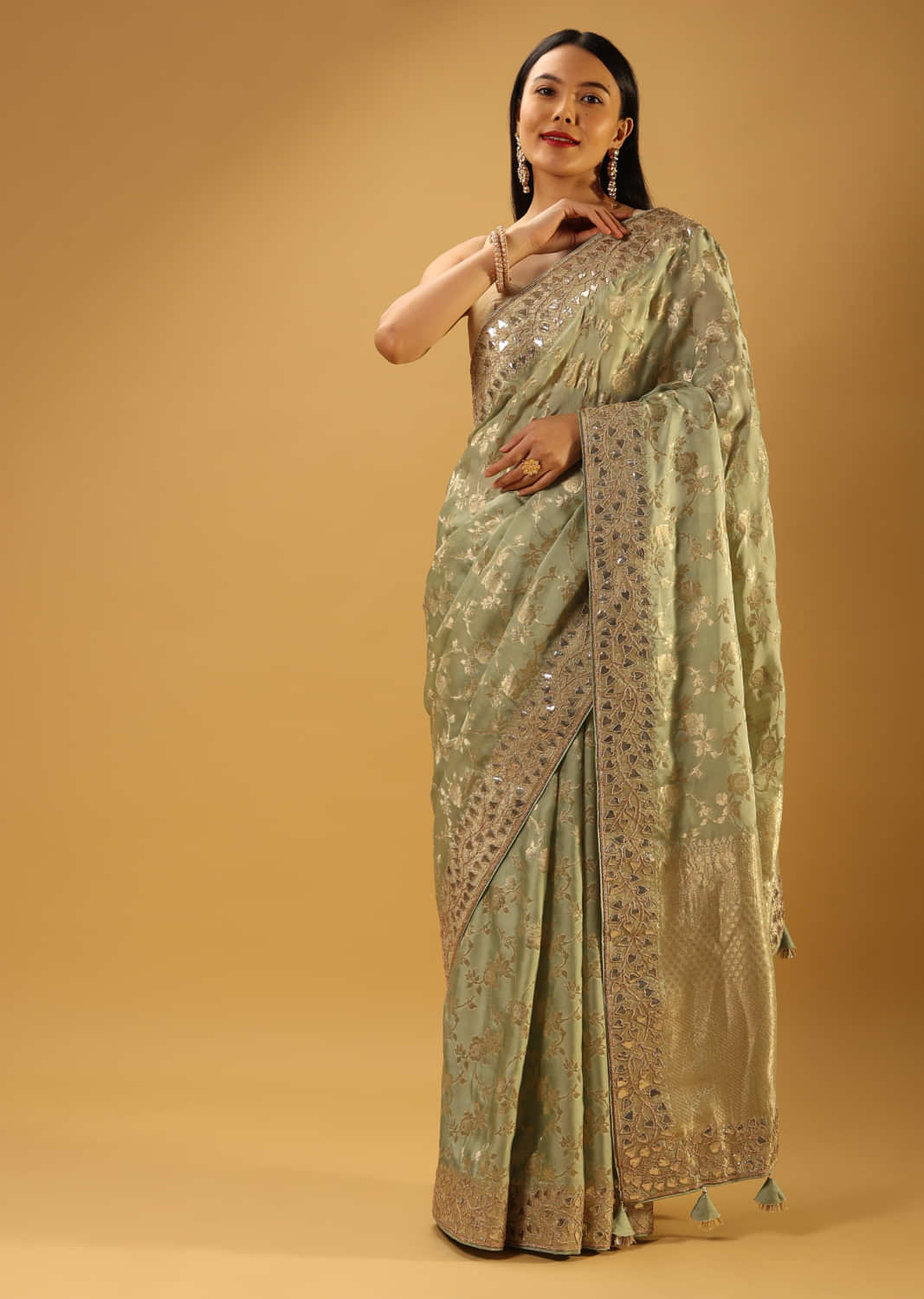 Powder Green Saree With Woven Floral Jaal And Gotta Patti Embroidered Border  