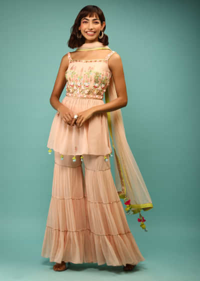 Powder Peach Sharara And Peplum Suit With 3D Satin Flowers And Multi Colored Bead Work In Floral Motifs 