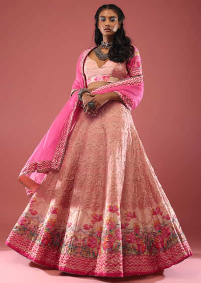 Powder Pink Lehenga In Silk With Tomb And Floral Print And Hand Embroidery Detailing
