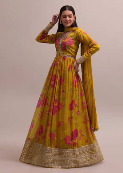 Printed Yellow Gotta Patti Embroidered Anarkali Set With Pants And Dupatta