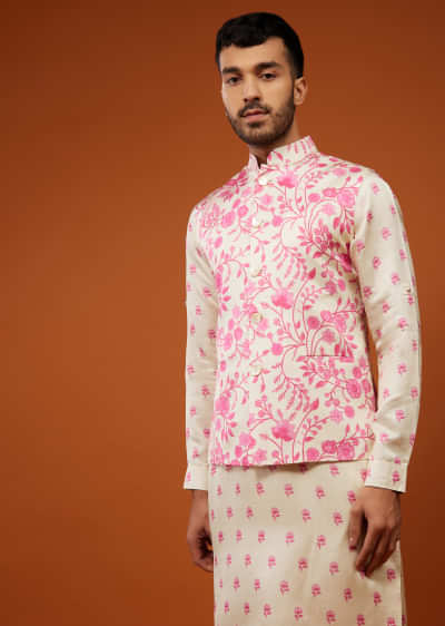 Pearl White Bandi Jacket Set With Pink Floral Print In Cotton Silk 
