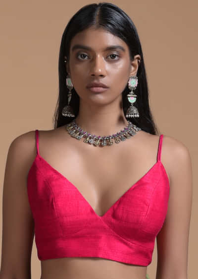 Fuchsia Pink Blouse In Raw Silk With Plunging Neckline And Straps On The Shoulder