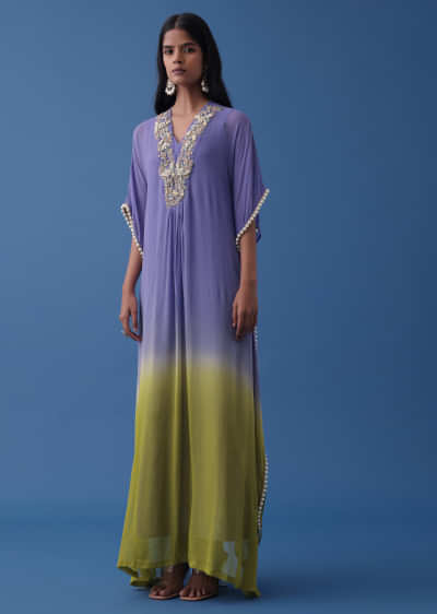 Purple And Lime Green Ombre Kaftan In Georgette With Exquisite Embroidery