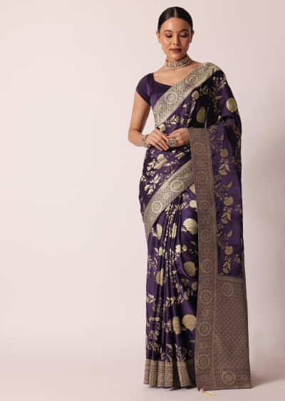 Purple Banarasi Saree With Floral Jaal Woven Pallu And Unstitched Blouse Piece