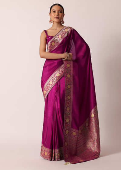 Purple Banarasi Saree With Woven Floral Pallu And Unstitched Blouse Piece
