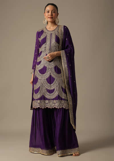Purple Chiffon Sharara Set With Embroidered Detail