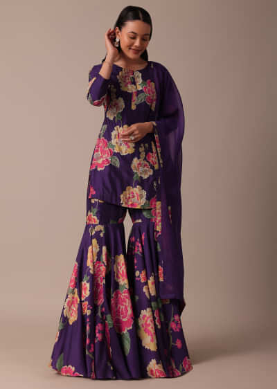 Purple Chiffon Sharara Set With Sequin Embellishments 