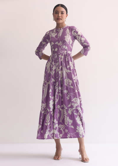 Purple Cotton Printed Indogown With Belt