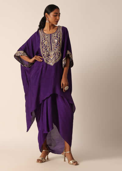 Purple Embroidered Asymmetric Kurta With Dhoti