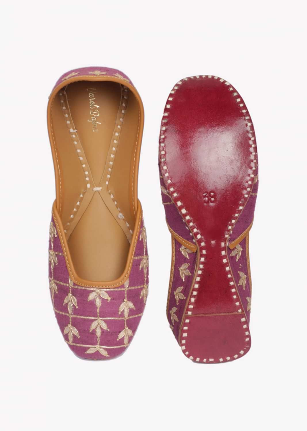 Purple Juttis In Leather With Aligned Leaf Shaped Buttis And Dori Work By Vareli Bafna