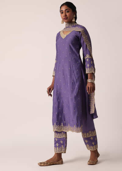 Purple Pant Set In Chanderi With Embroidered Kurta