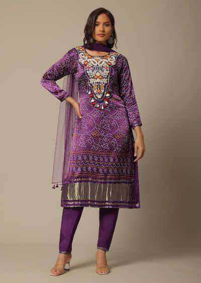 Purple Pant Set With Bead Embroidery