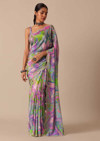 Purple Printed Saree With Mirror Work And Unstitched Blouse Piece