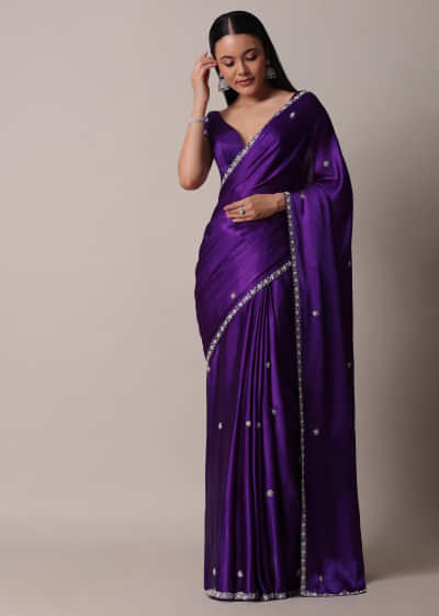 Purple Satin Chinon Saree With Stone Embellishments And Unstitched Blouse Piece