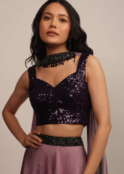 Purple Sleeveless Sequins Blouse With Sweetheart Neckline
