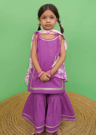 Kalki Girls Purple Strappy Straight Cut Sharara Suit With Gotta Patti Work And A Tie Dye Dupatta By Tiber Taber
