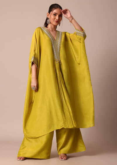 Buy Yellow Crepe Pant Set With Gota Work Kaftan Kurta